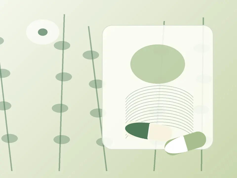 Botanische Illustration mit Blättern, Fasern und neutralen Kapseln